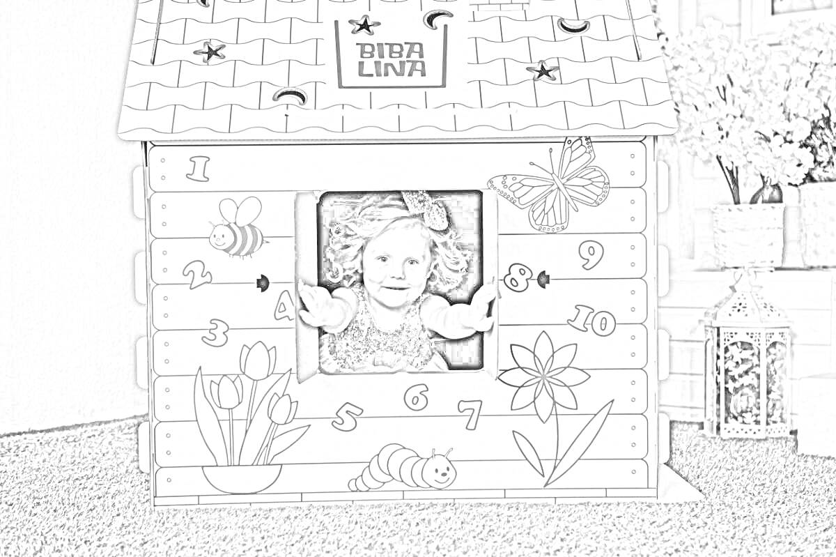 Раскраска Картонный домик с рисунками цветов, бабочек, цифр и изображением ребенка в окне