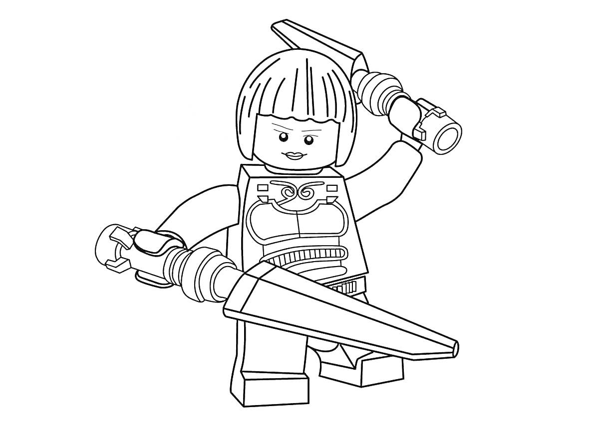 Раскраска Лего Ниндзяго воин с двумя мечами и медальоном