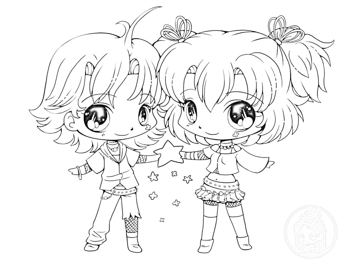 Раскраска Два аниме-персонажа, мальчик и девочка, держат звезду и вокруг них мелкие звездочки