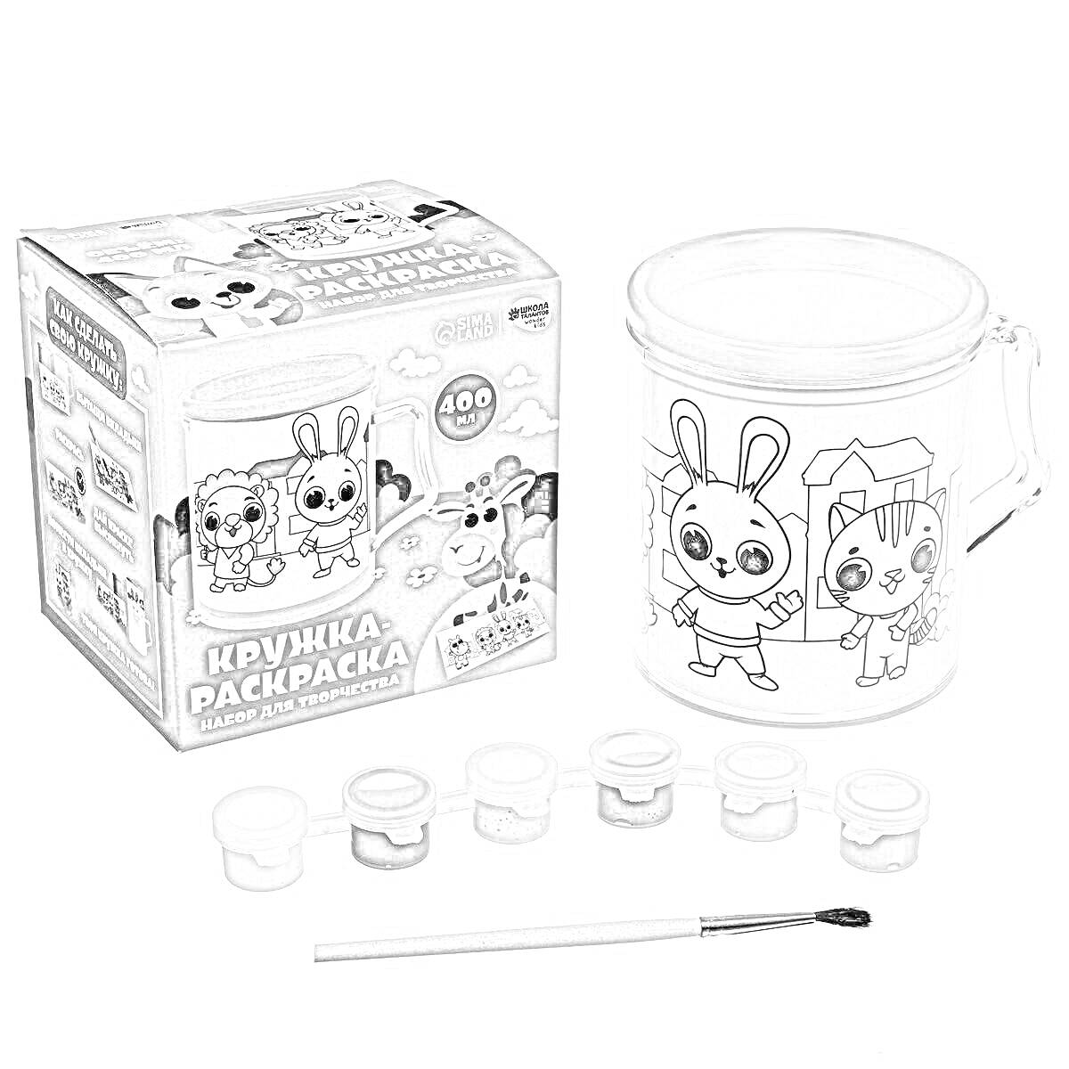 На раскраске изображено: Краски, Заяц, Кот, Творчество