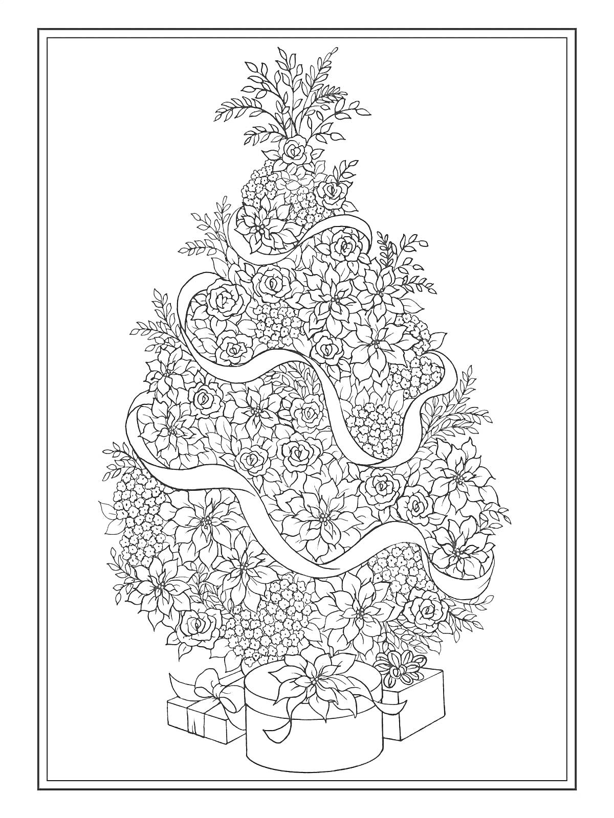 Раскраска Антистресс елка, украшенная цветами, с подарками и лентами