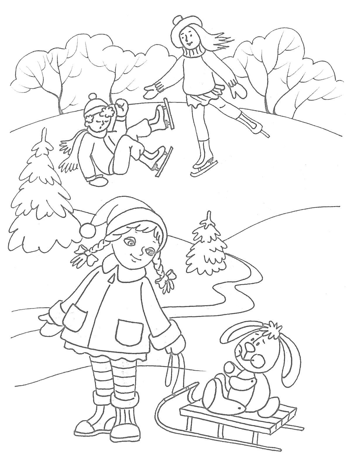 Дети катаются на коньках и санках зимой в лесу. На переднем плане девочка тащит санки с игрушечным зайцем, на заднем плане двое детей катаются на коньках. Вокруг заснеженные деревья и кусты, снежный пейзаж.