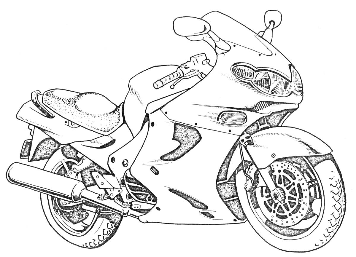 Раскраска Спортивный мотоцикл с единственным сидением, зеркалами заднего вида, глушителем и передним дисковым тормозом.