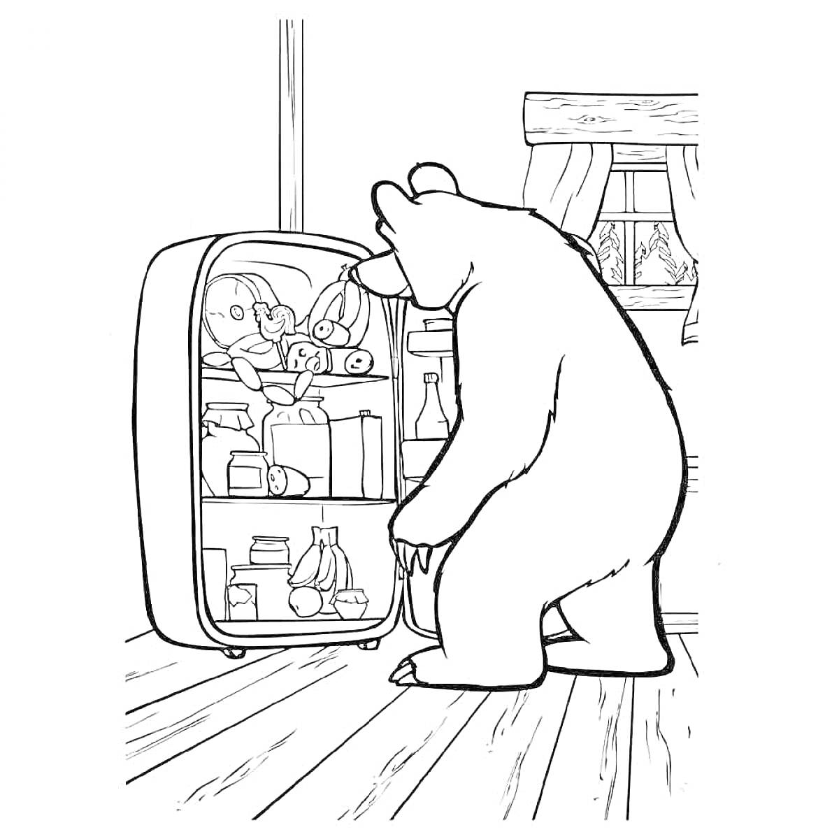 Раскраска Медведь, заглядывающий в холодильник с продуктами на кухне около окна