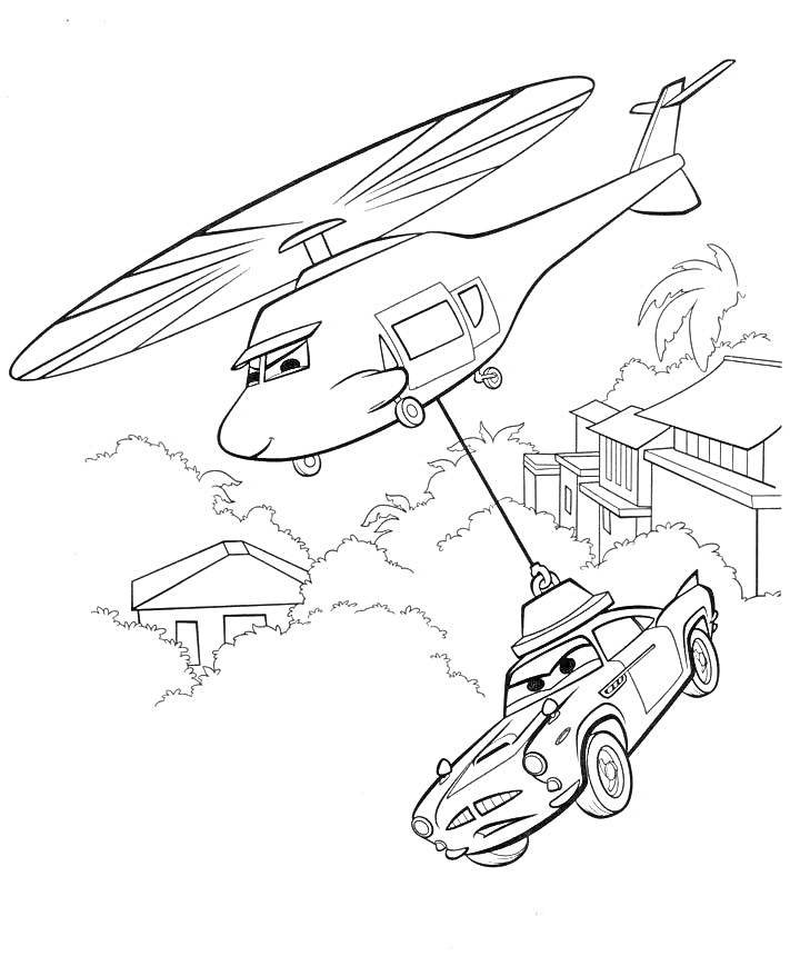 Раскраска Вертолет, перевозящий машину с человеческими лицами, на фоне зданий и деревьев