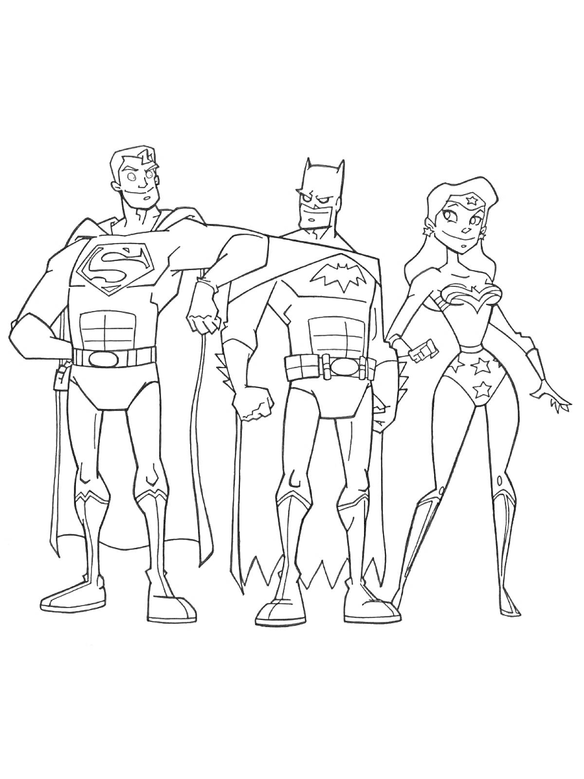 На раскраске изображено: Лига Справедливости, Супермен, Бэтмен, Чудо-женщина, Супергерои, Комиксы