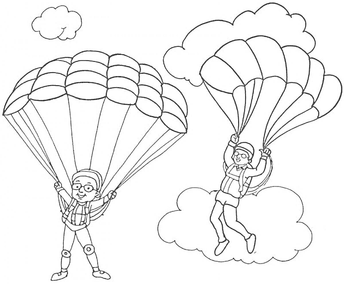 Раскраска Два парашютиста в небе с парашютами и облаками