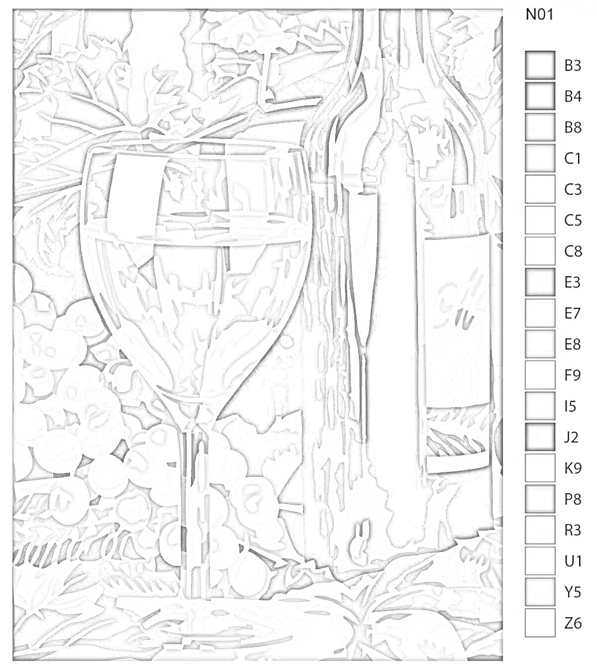 На раскраске изображено: Бокал вина, Бутылка, Виноград, Листья, Натюрморт