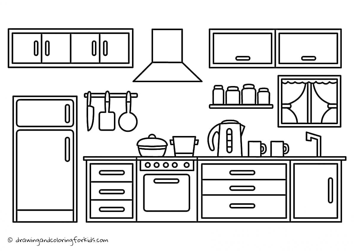 На раскраске изображено: Кухня, Плита, Холодильник, Кастрюли, Кружки, Посуда, Полки, Вытяжка, Окна, Кухонная утварь, Шкаф, Чайники