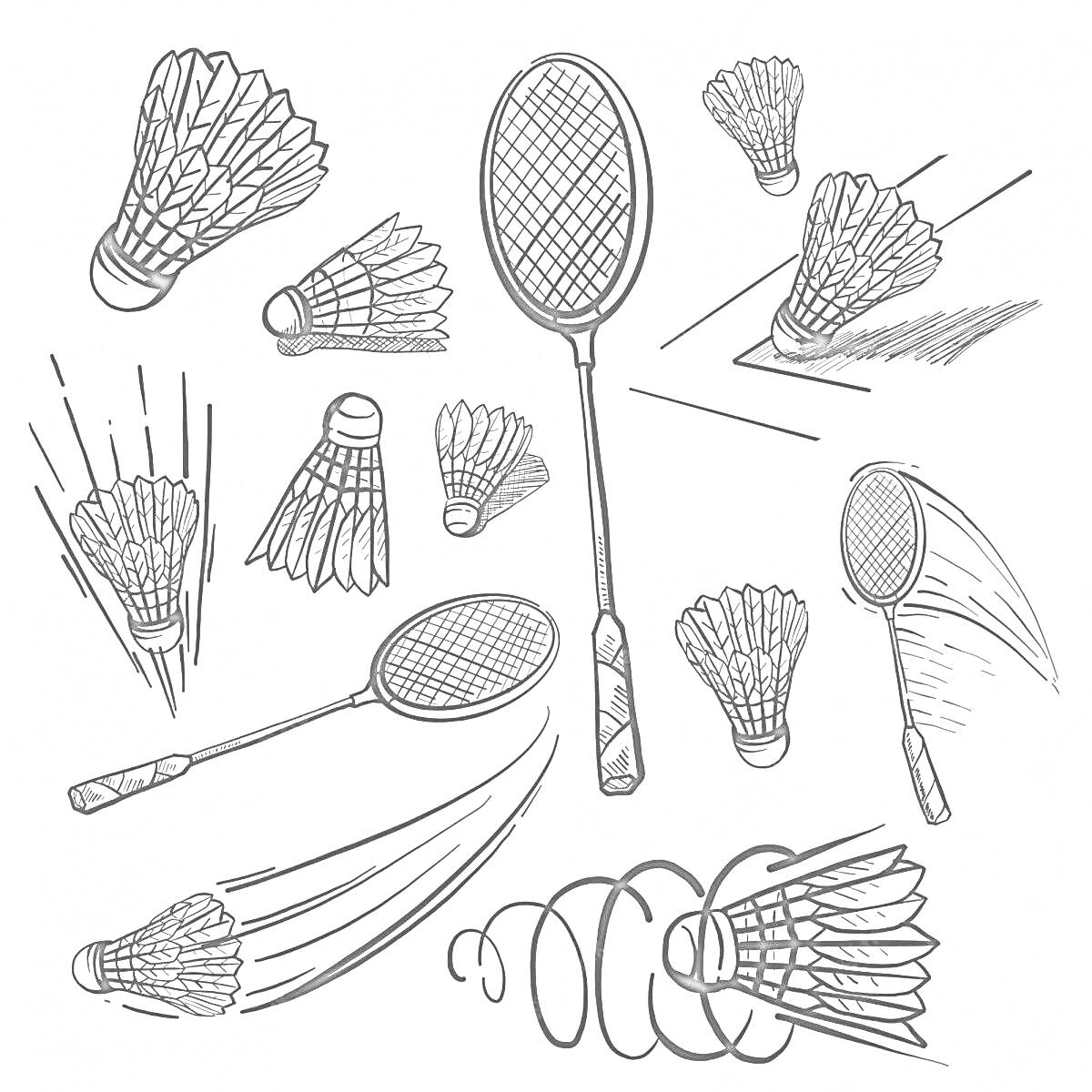 На раскраске изображено: Бадминтон, Ракетка, Волан, Спорт