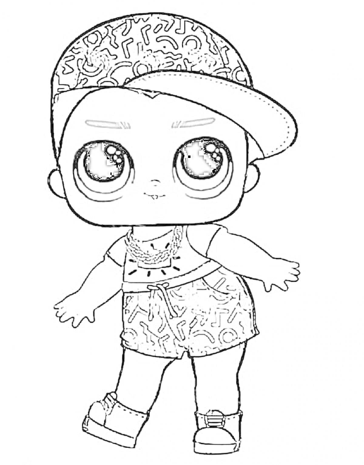 Раскраска Девочка ЛОЛ в кепке с узорами, футболке и шортах с узорами