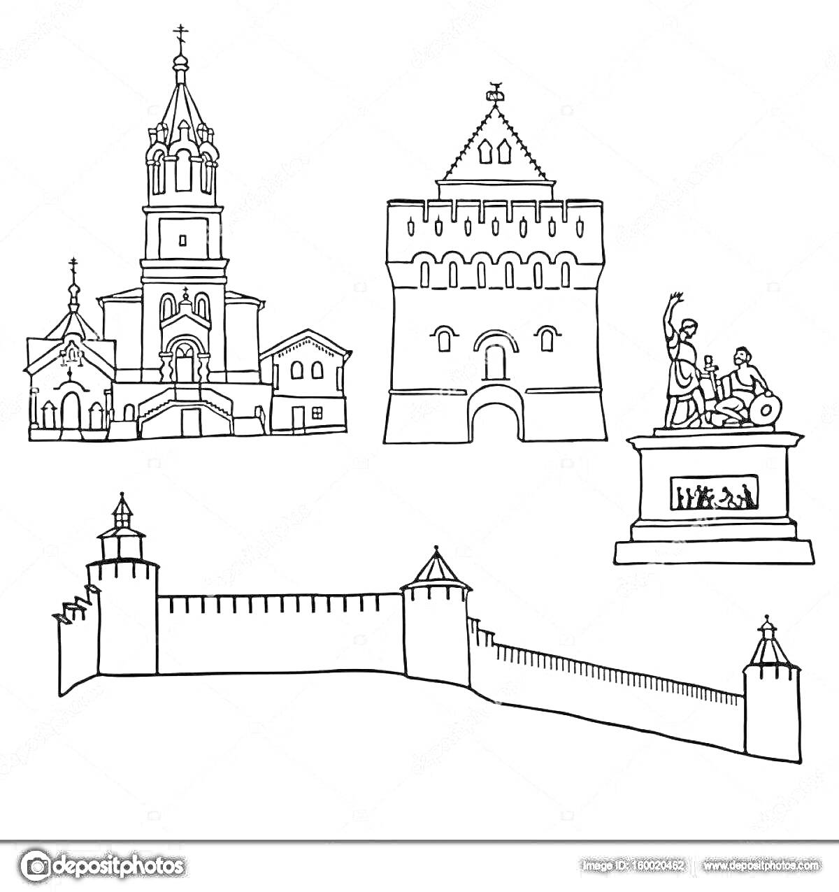 Раскраска Виды нижегородского кремля: собор, башня, памятник, стена
