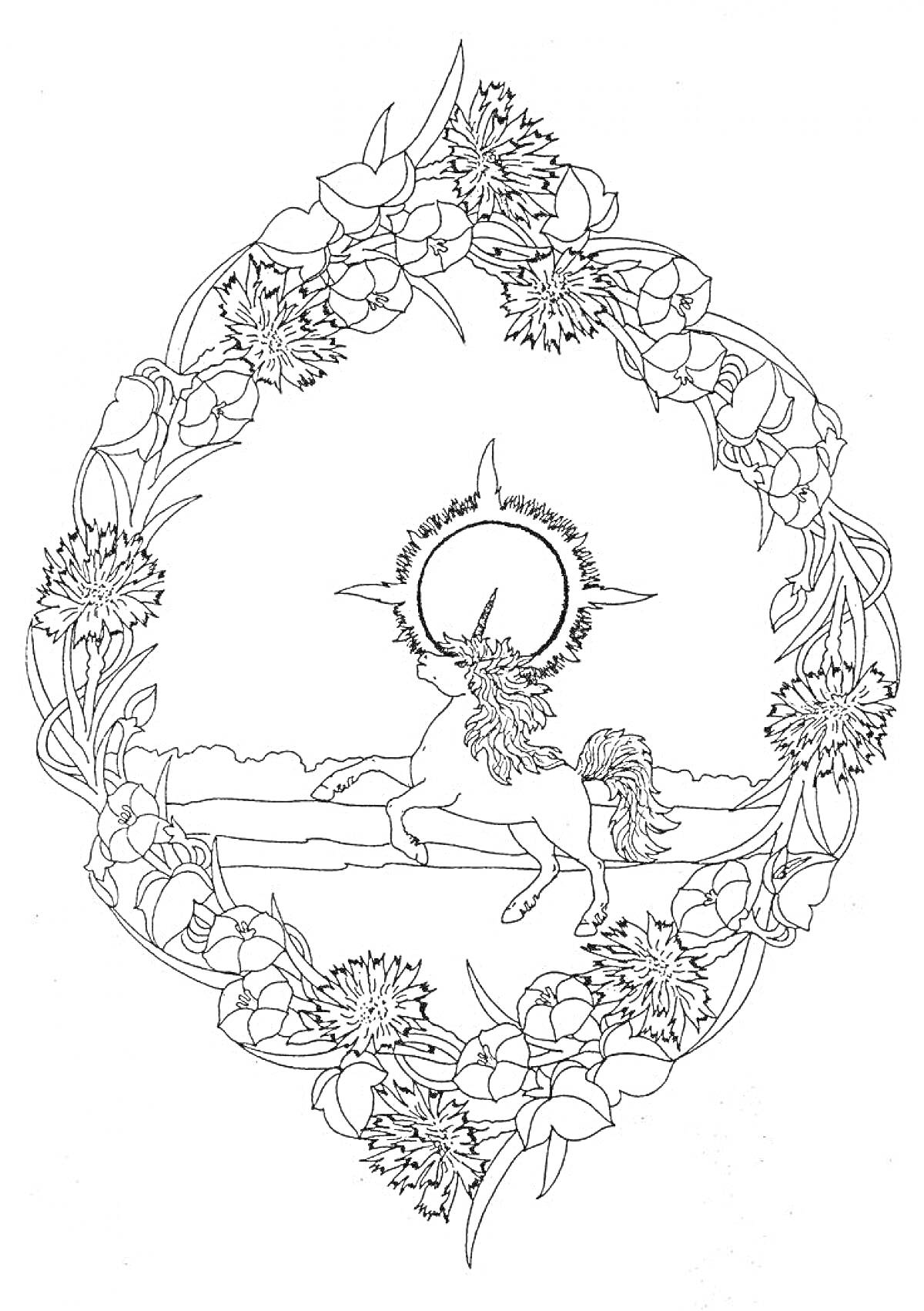 Раскраска Единорог с солнцем на бегу, окруженный цветами