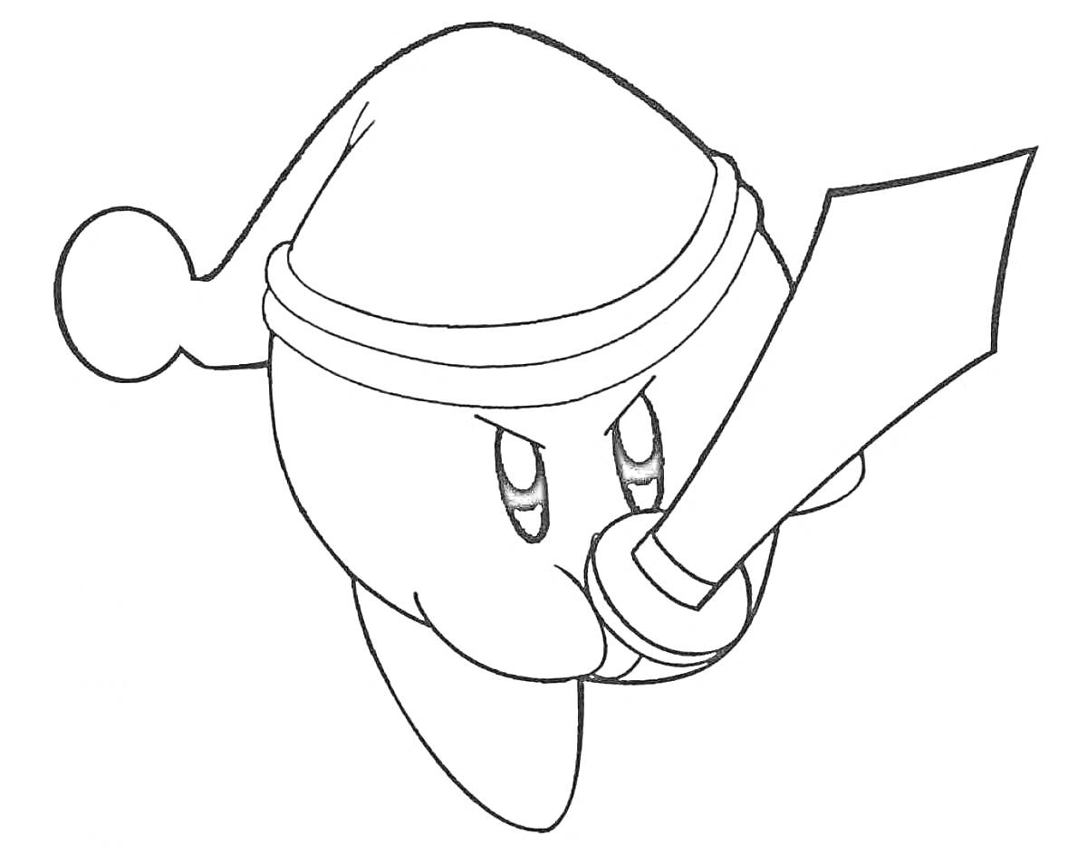 На раскраске изображено: Кирби, Шапка Санты, Меч, Персонаж, Оружие, Новый год