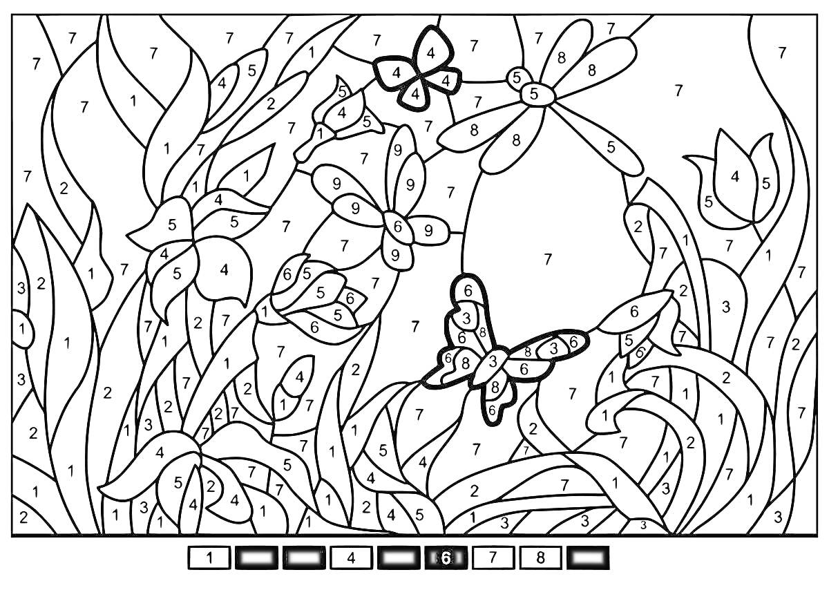 Раскраска Цветы и бабочки среди листвы
