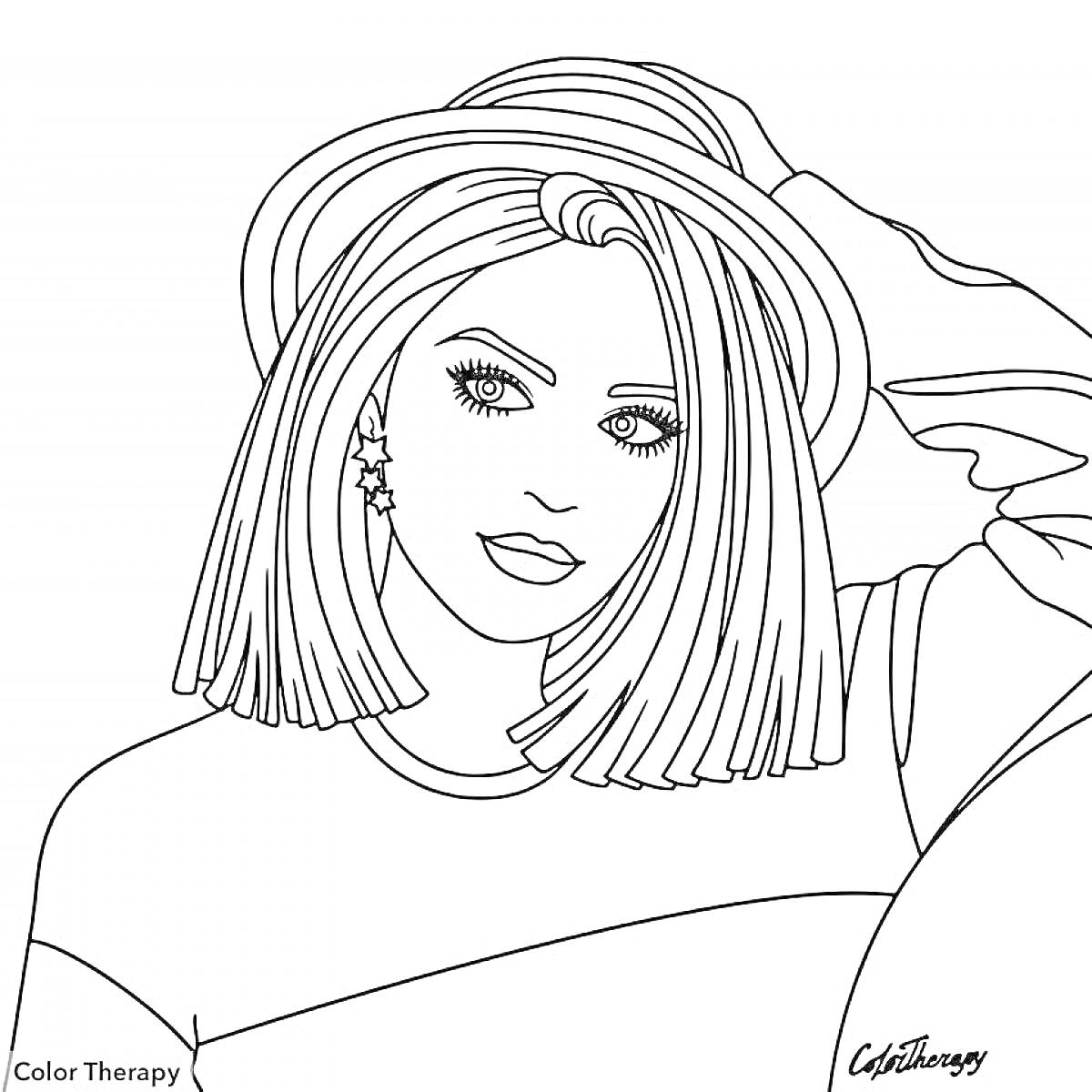 Раскраска Портрет девочки в шляпе с сережками в виде звезд