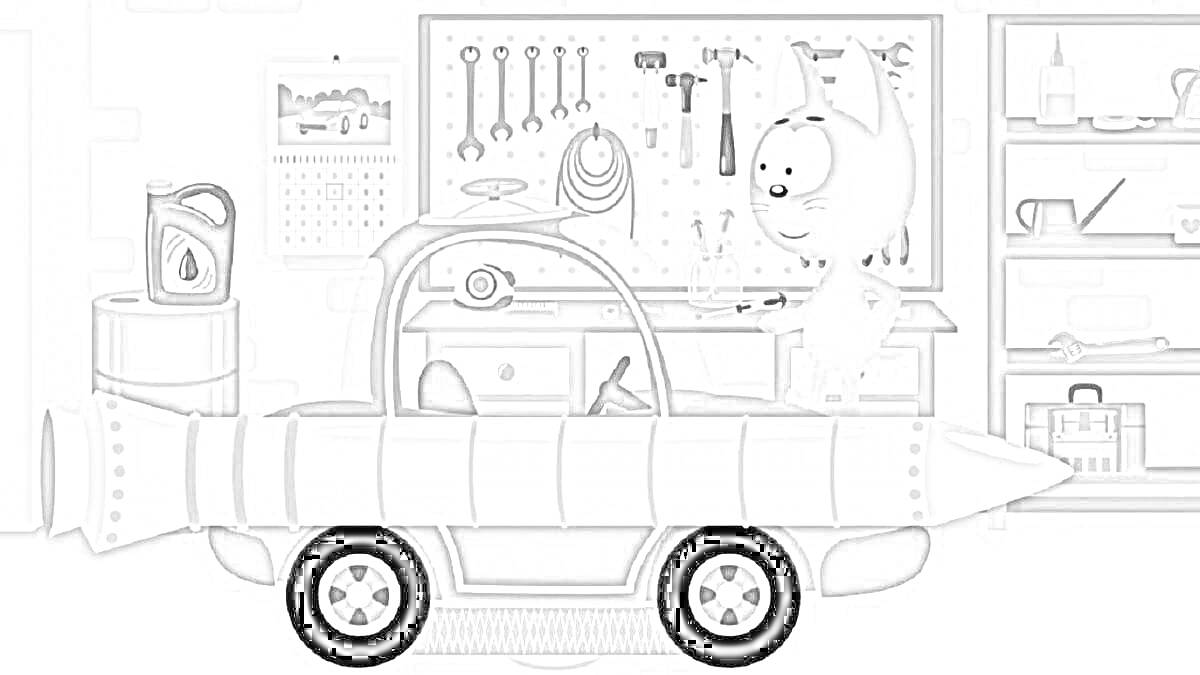 Раскраска Котэ в волшебном гараже собирает ракетомобиль