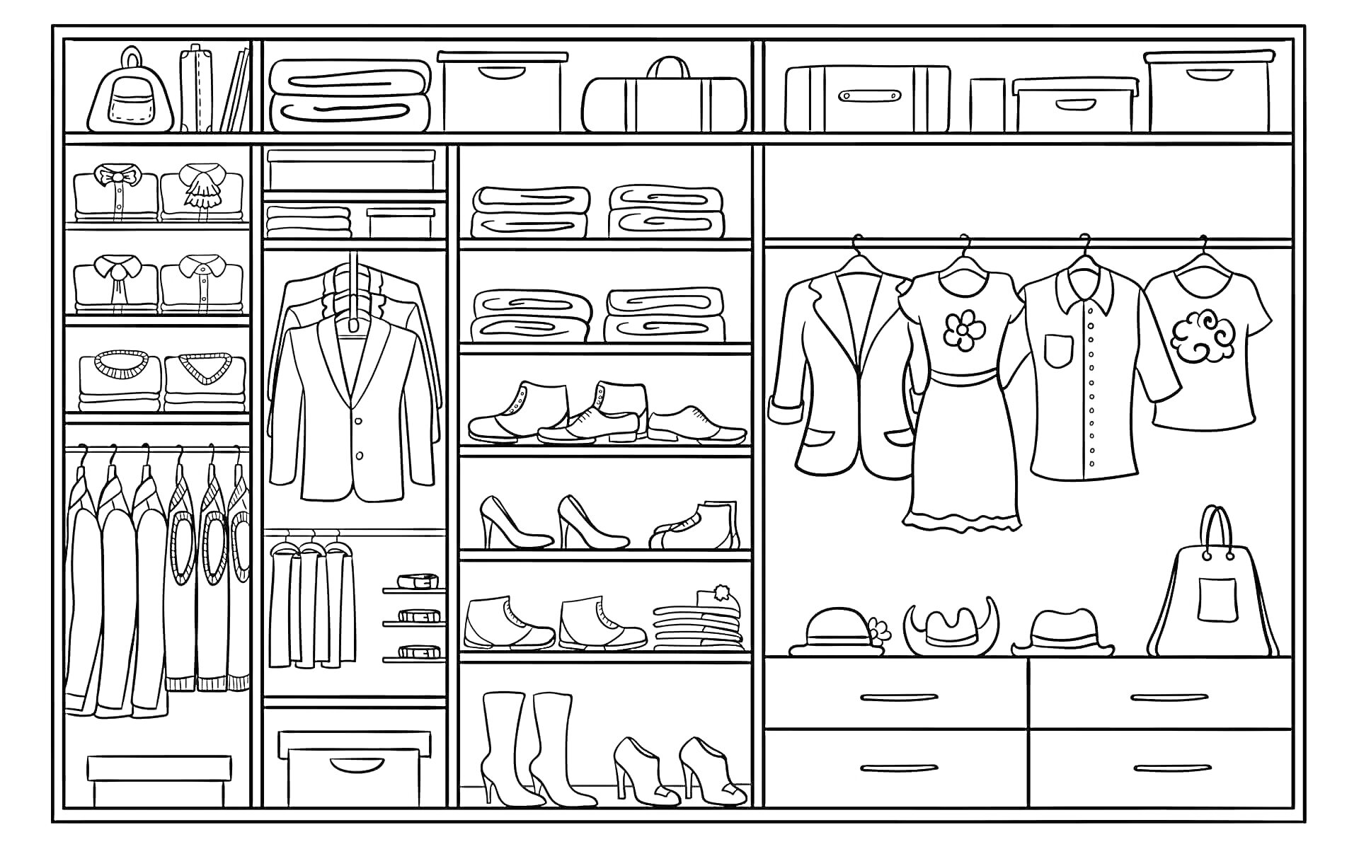 Раскраска шкаф для одежды с куртками, рубашками, платьями, футболками, штанами, ремнями, сумками и шляпами; полки с обувью, коробками и сложенной одеждой; выдвижные ящики для хранения аксессуаров