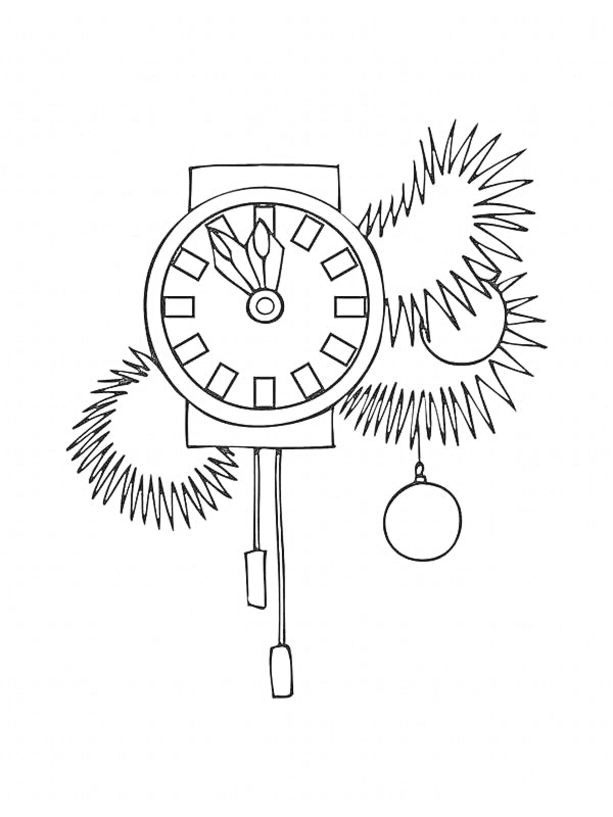 Раскраска Новогодние часы с гирляндой и елочной игрушкой