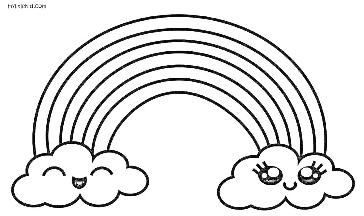 Раскраска Радуга с облаками и улыбающимися лицами