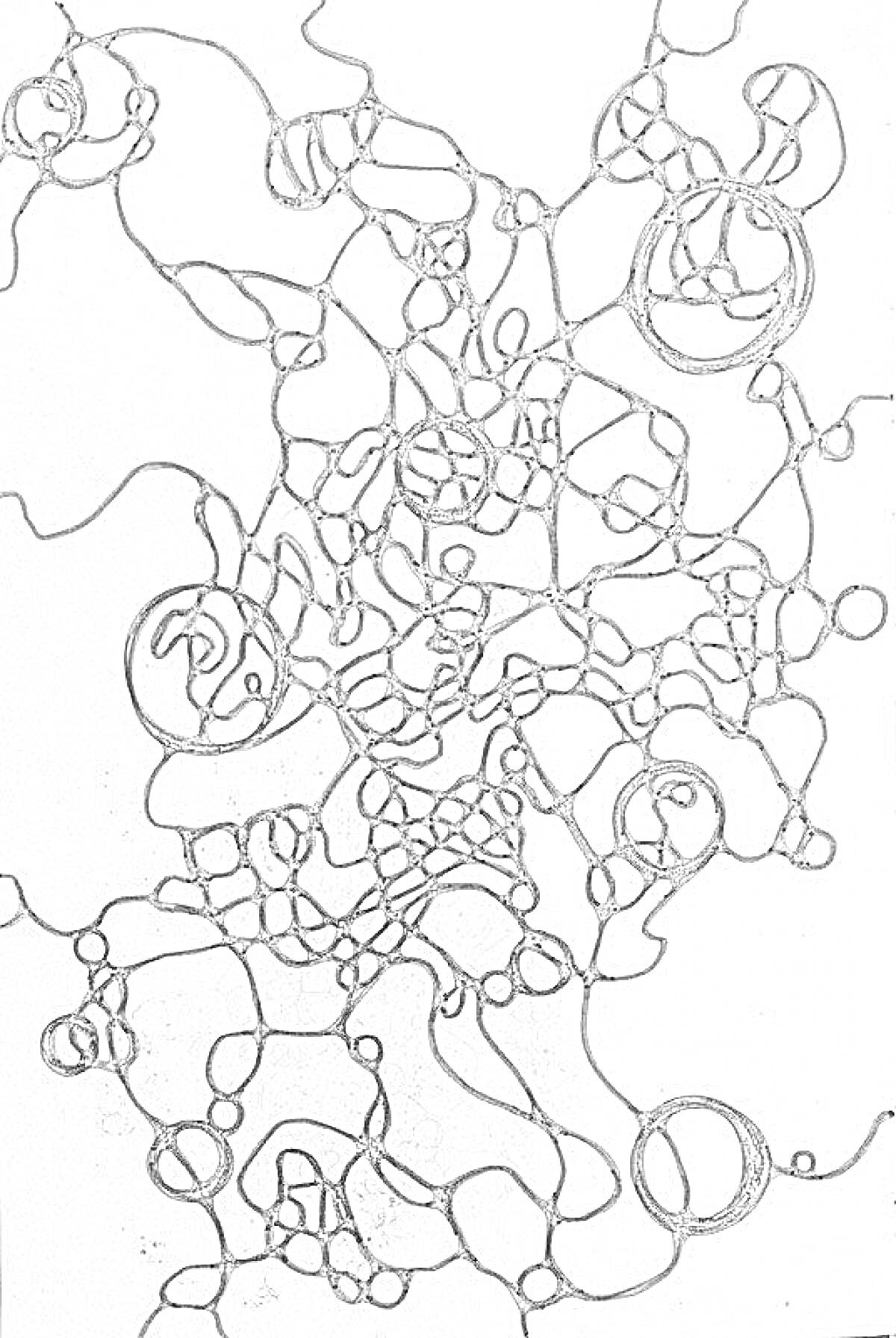 Раскраска Абстрактный рисунок нейрографики с пересекающимися линиями и кругами на светлом фоне