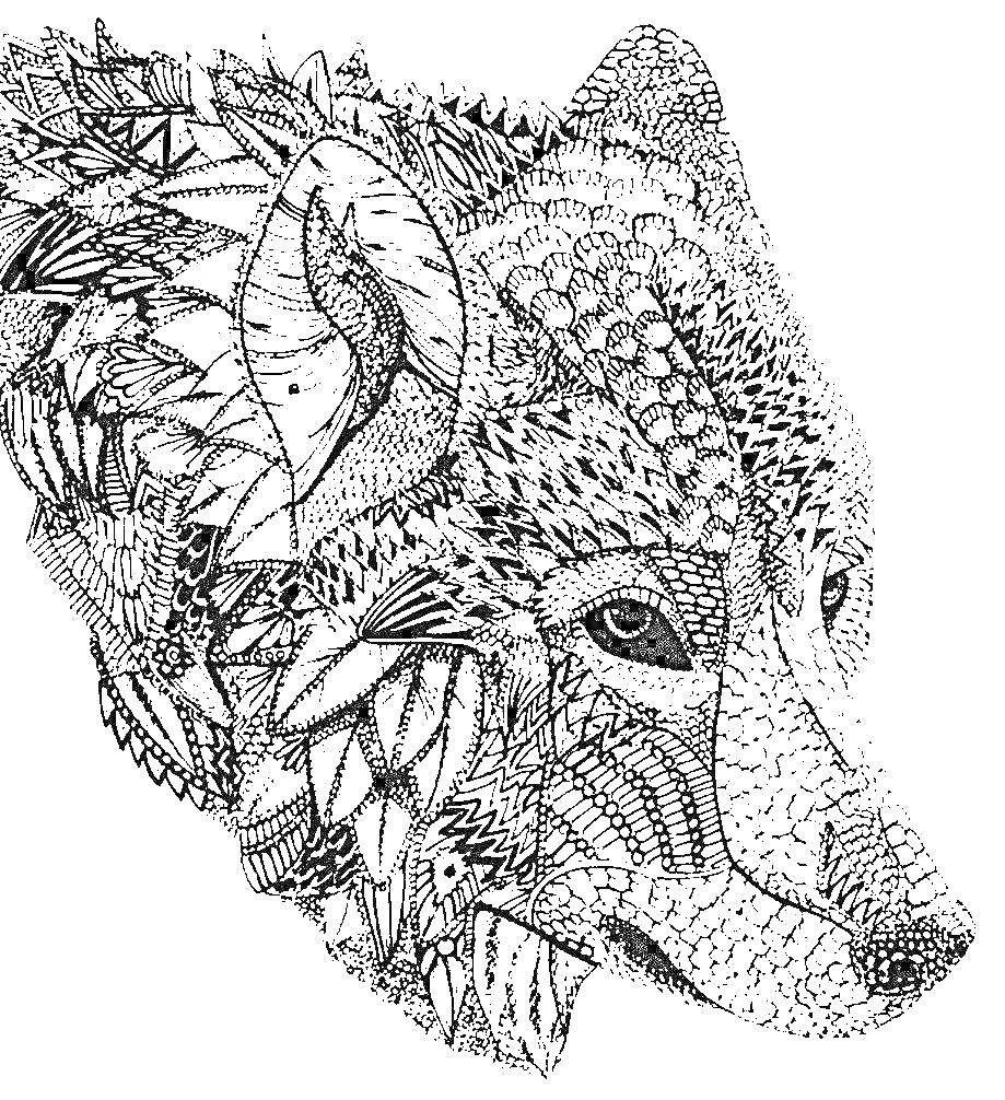 Раскраска Волк антистресс с орнаментом, включающим листья, линии и точки