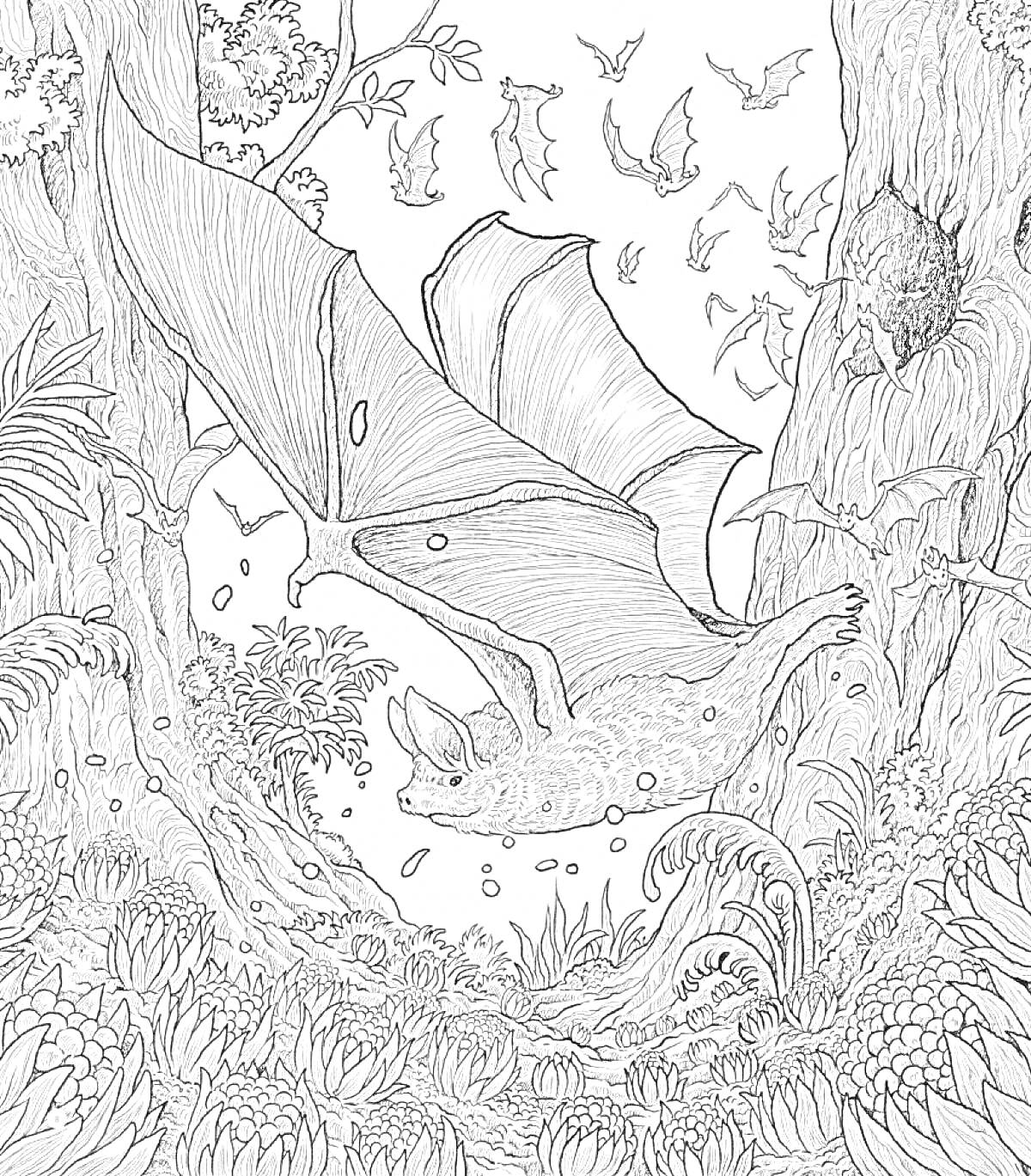 На раскраске изображено: Летучая мышь, Деревья, Лес, Нора, Растительность, Природа, Хрупкий мир