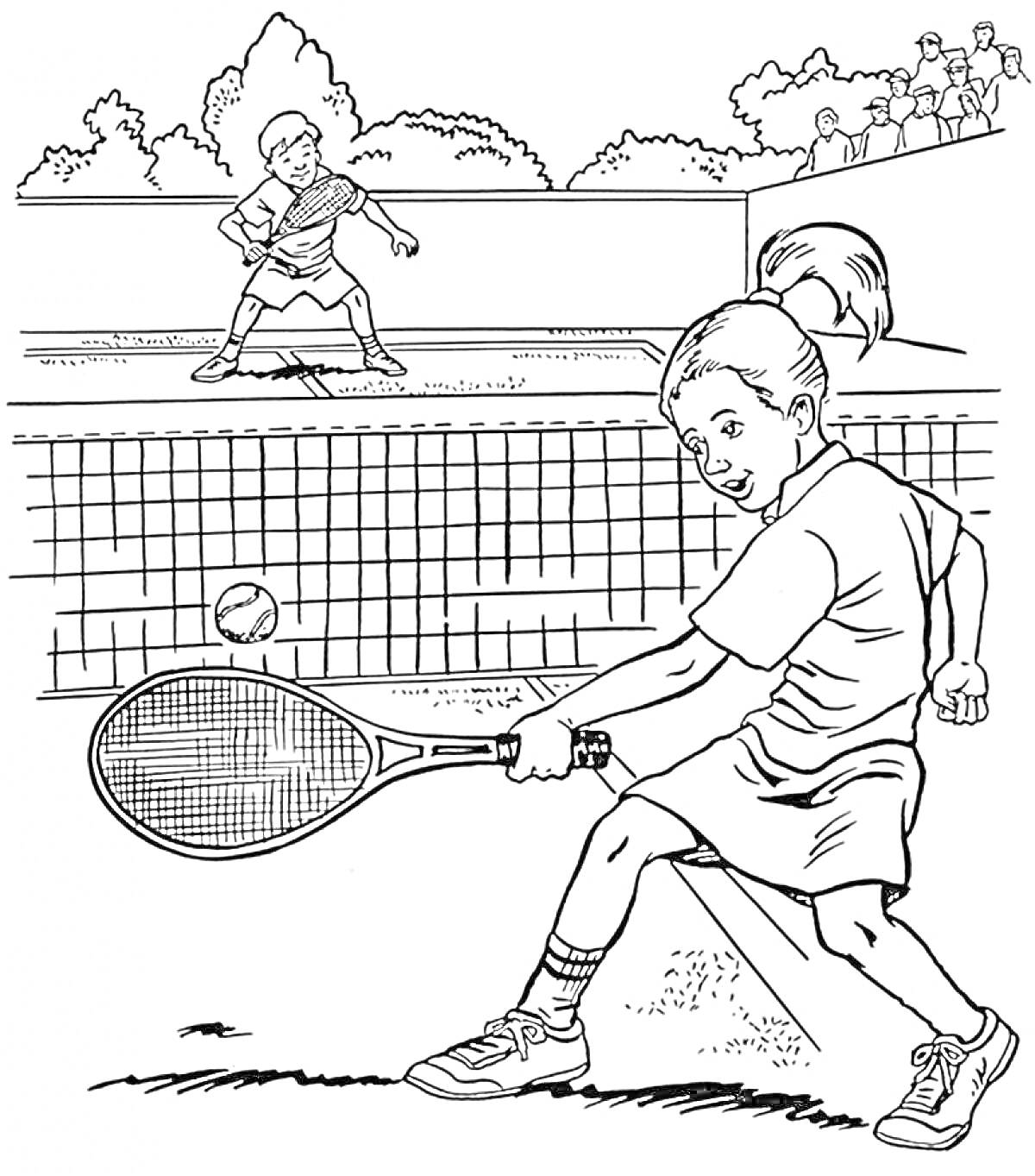 Раскраска Дети играют в теннис на корте с сеткой