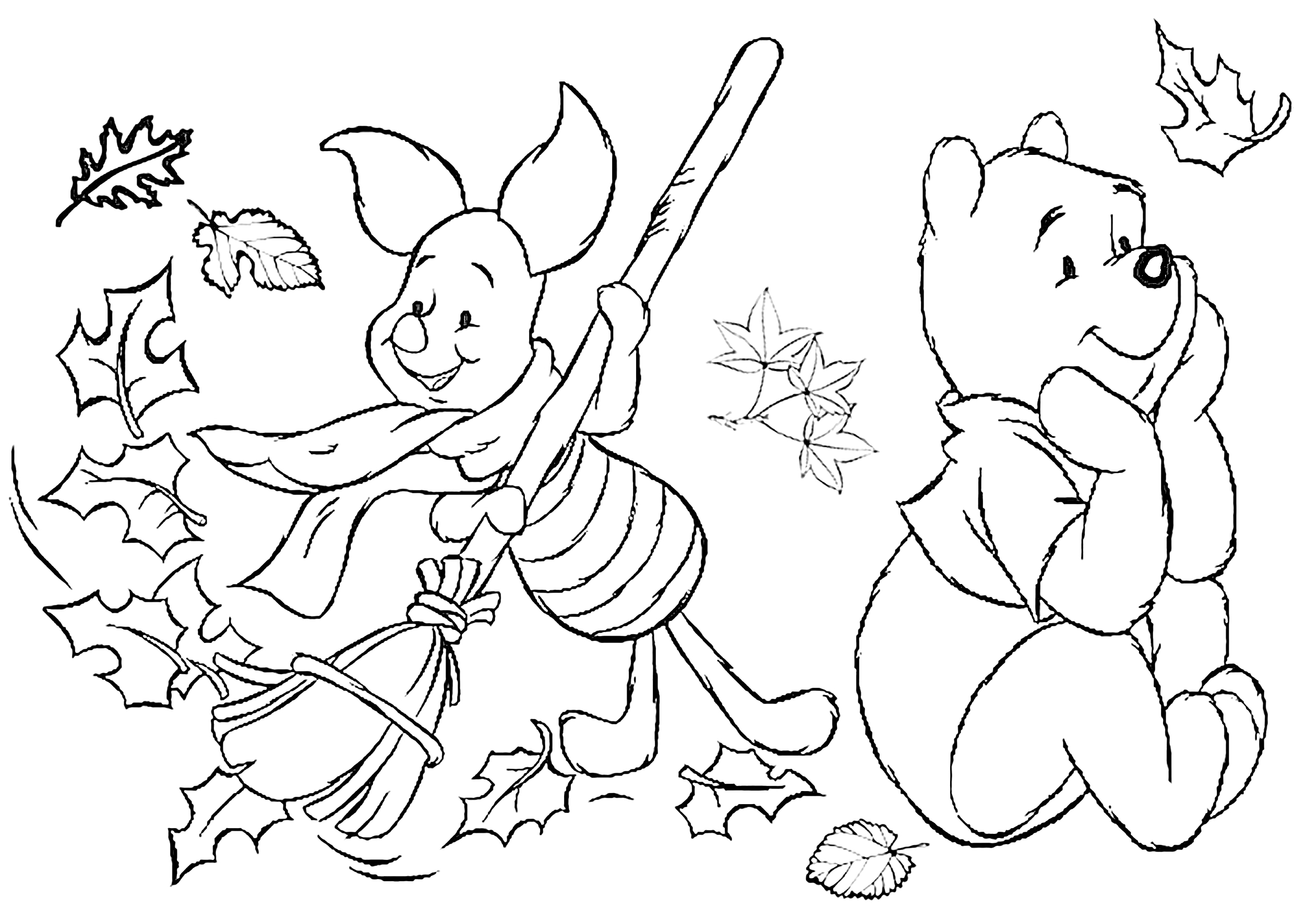 На раскраске изображено: Для детей, Осень, Листья, Метла, Медведь, Уборка, Друзья, Поросята