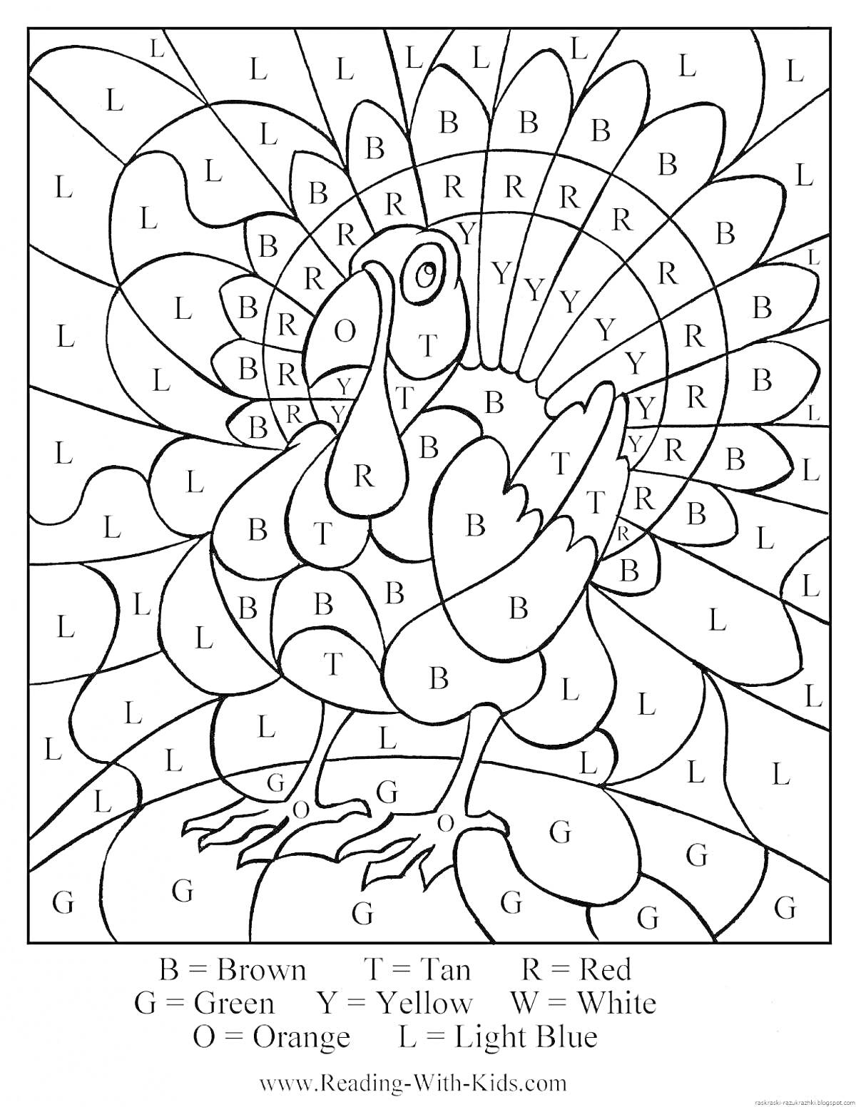 Раскраска индейка с надписями-метками для раскрашивания