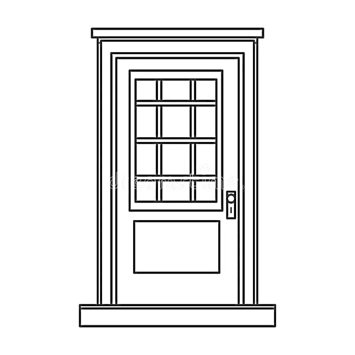 Раскраска Дверь с квадратными стеклянными панелями, верхний и нижний горизонтальный брусовой выступ, прямоугольная панель внизу, дверная ручка слева
