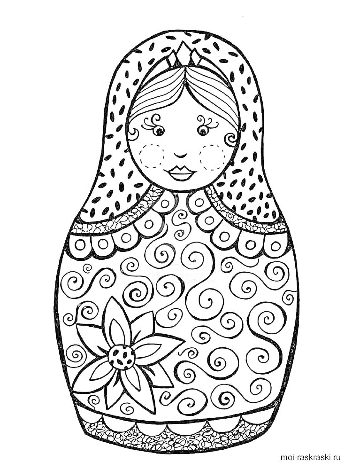 Раскраска Матрешка с орнаментом и цветком