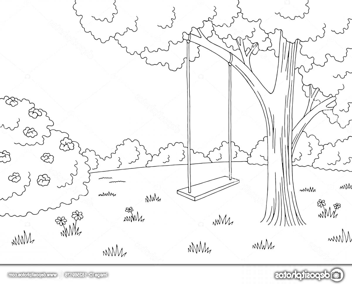 На раскраске изображено: Лес, Качели, Природа, Цветы, Трава, Небо