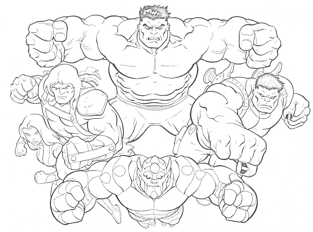 Халк и команда. Халк в центре с поднятыми кулаками, окружённый четырьмя персонажами в боевых позах