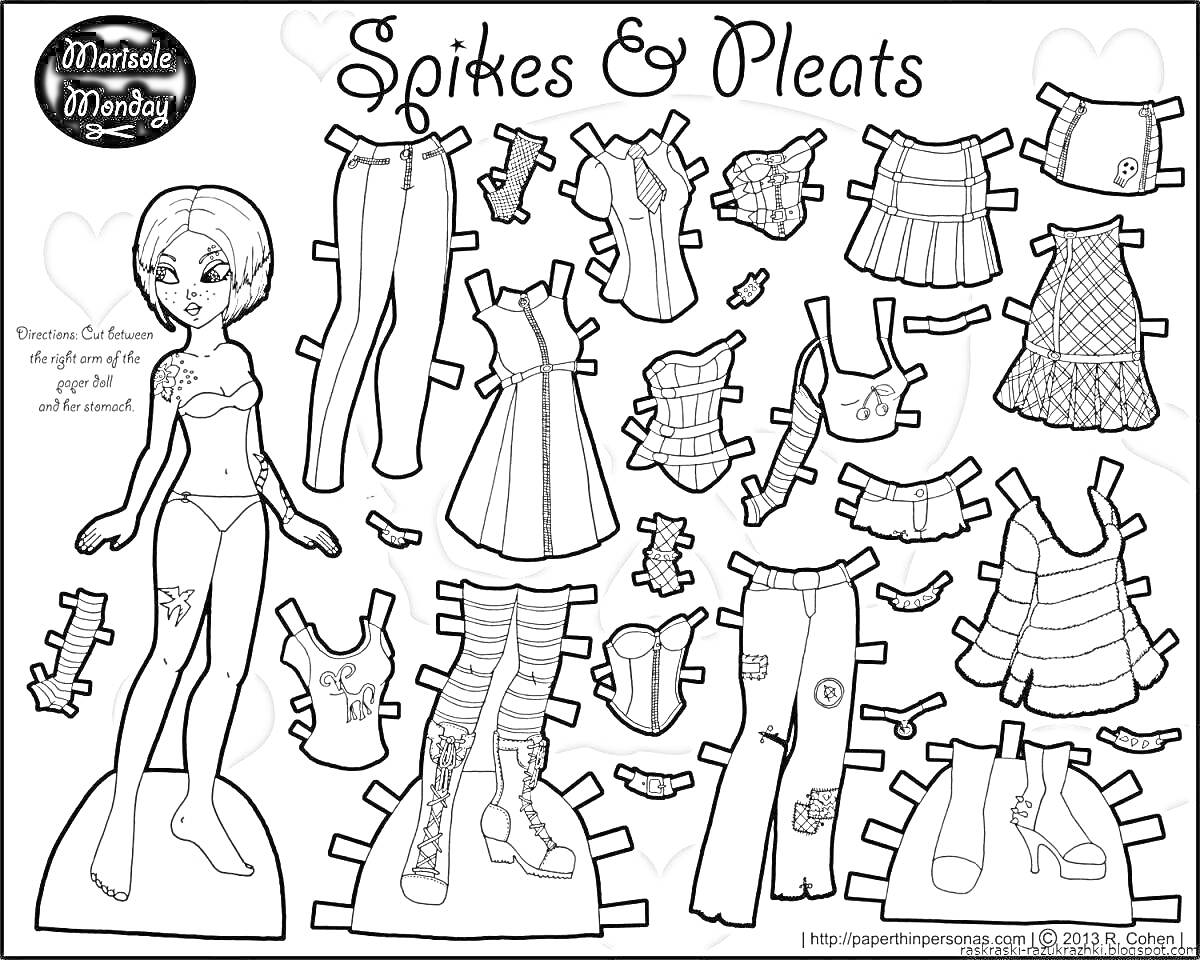 Раскраска Девочка с одеждой: два длинных пальто, два платья, шестнадцать видов одежды (маечки, юбки, штанишки). Одеваемая бумажная кукла.