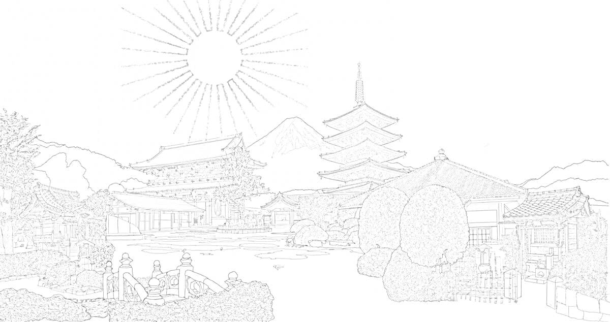 На раскраске изображено: Япония, Пагода, Храм, Природа, Восход солнца, Традиционная архитектура, Деревья, Кусты, Горы
