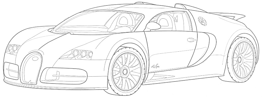 Раскраска Раскраска с изображением автомобиля Bugatti с видимыми деталями кузова, передними фарами, колёсами и спойлером