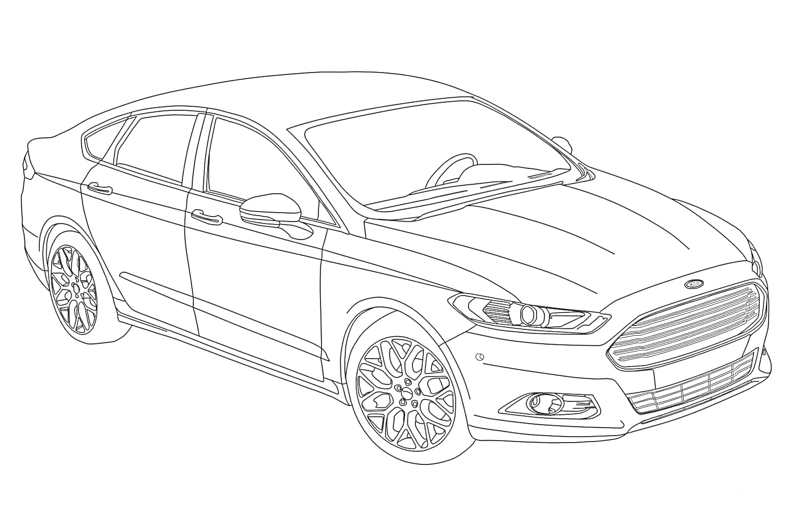 Раскраска автомобиля Ford, вид сбоку спереди, видны колеса, двери, стекла, фары и капот