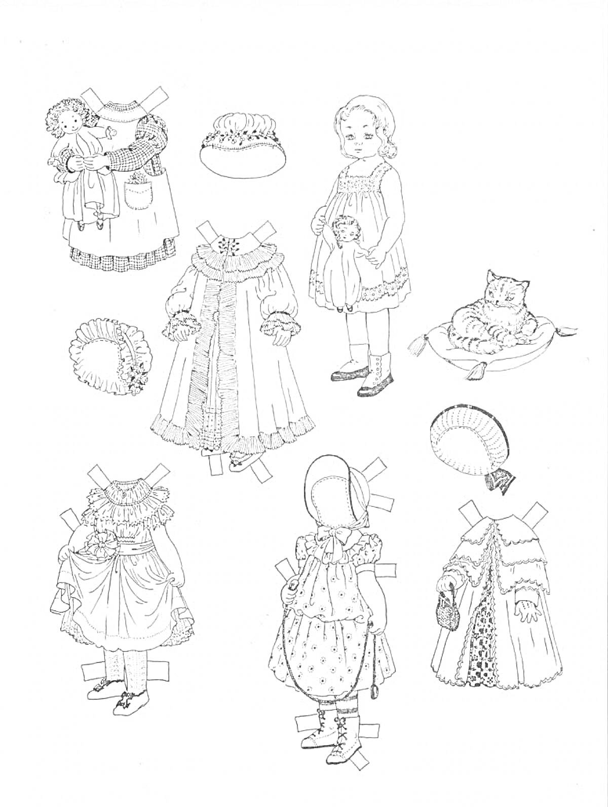 На раскраске изображено: Бумажная кукла, Одежда, Платье, Шапочки, Куколка, Кукла, Кот, Подушка, Наряд