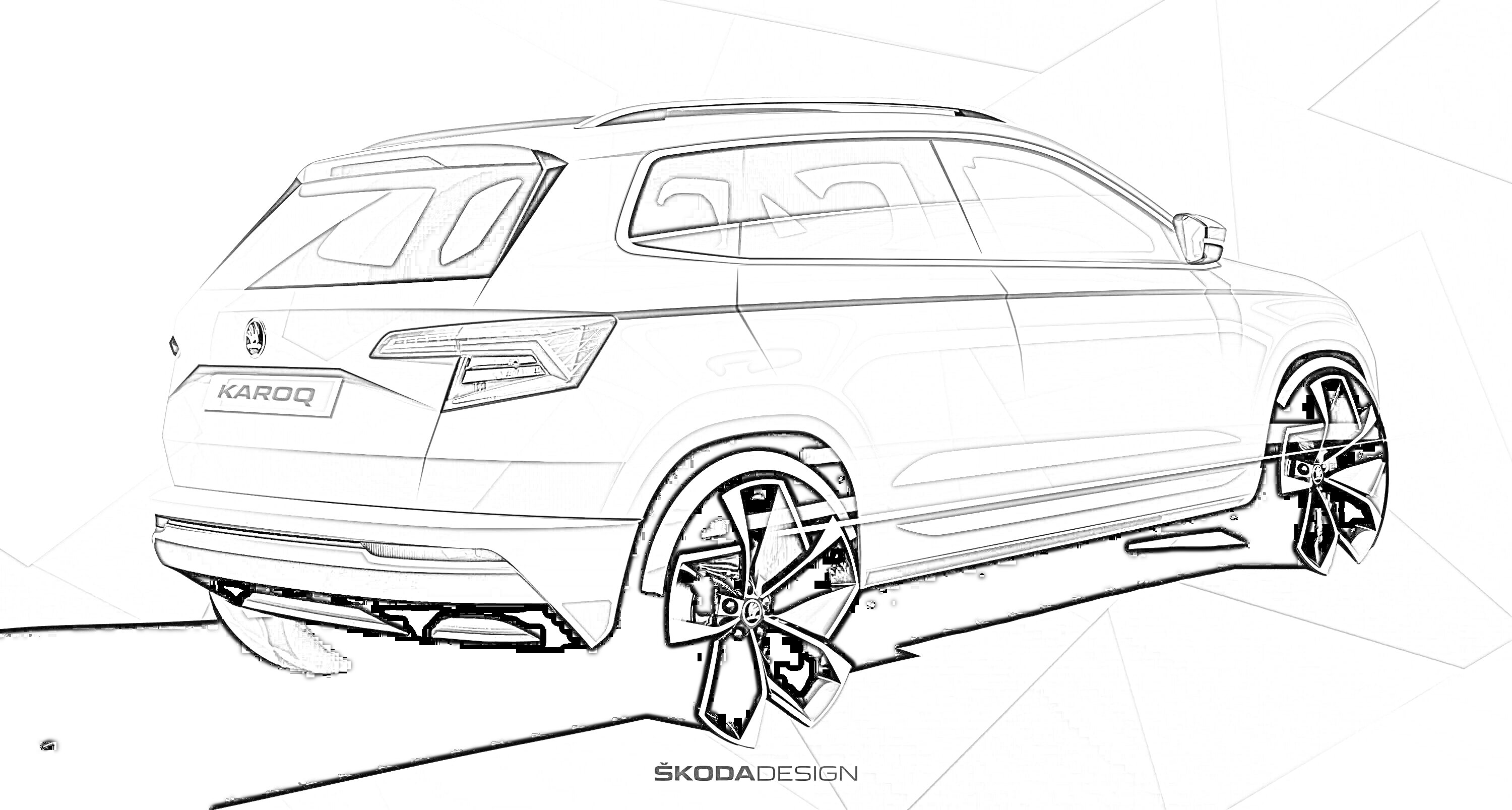 На раскраске изображено: Шкода, SUV, Зелёный фон