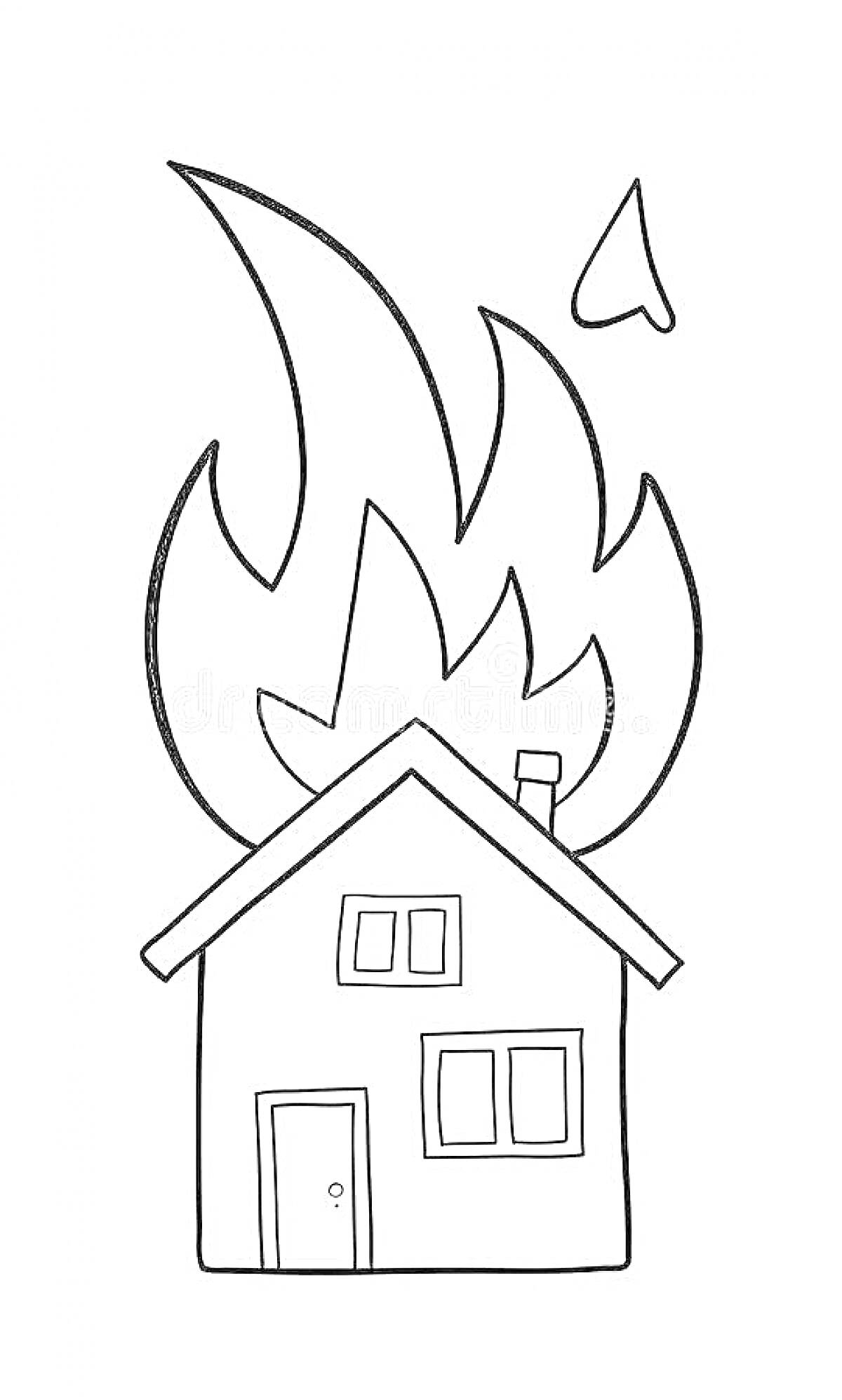 На раскраске изображено: Дом, Огонь, Пожар, Окна, Дверь, Труба