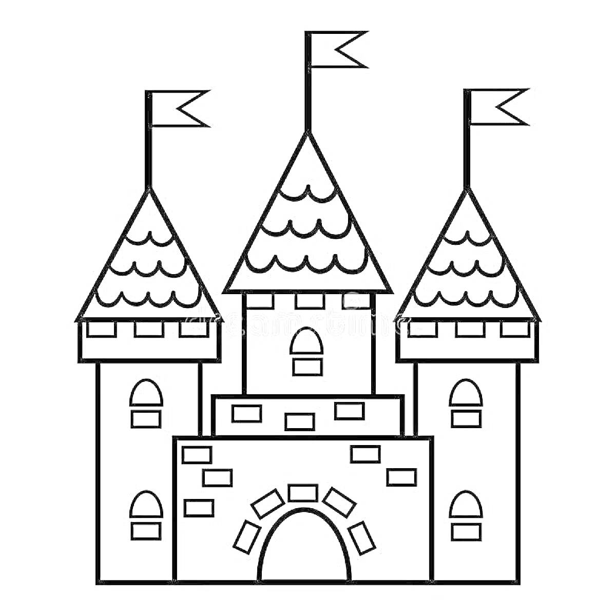 На раскраске изображено: Сказочный дворец, Черепичная крыша, Арка, Окна, Каменная кладка, Подготовительная группа