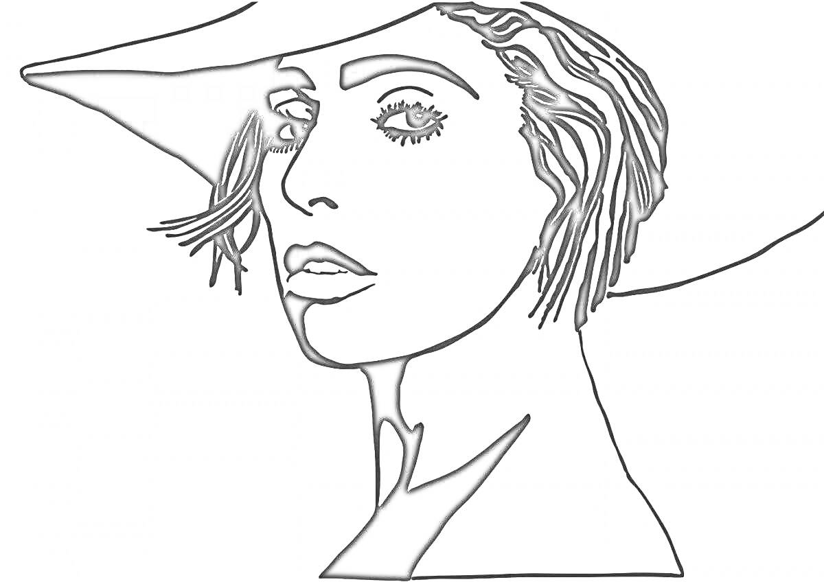 На раскраске изображено: Портрет, Женщина, Шляпа, Короткие волосы