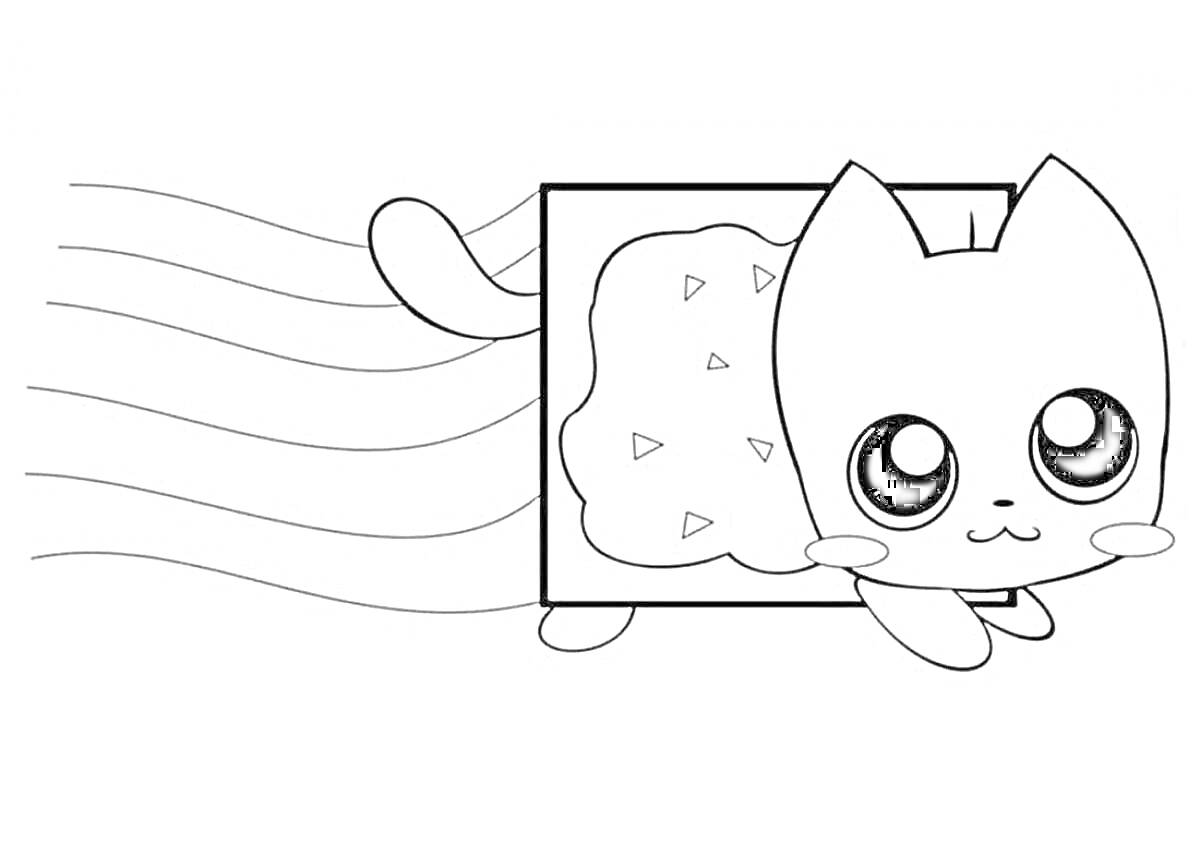 Раскраска Летающий кот с пирожным на спине и радужным следом