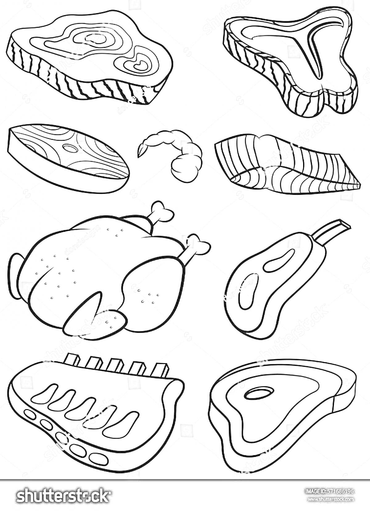 Раскраска Различные виды мяса: говяжий стейк, свиной стейк, рыба, креветка, лосось, курица, отбивная, ребрышки, бифштекс