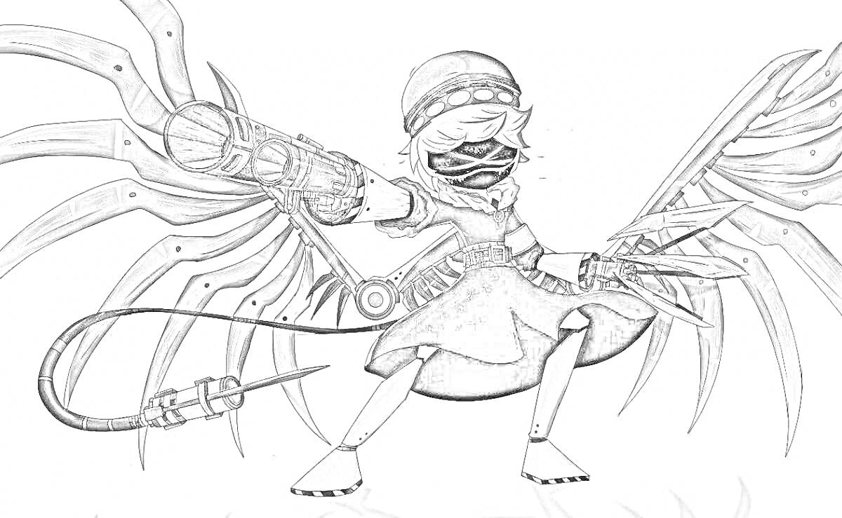Раскраска Боевая фигура с механическими крыльями, оружием и маской