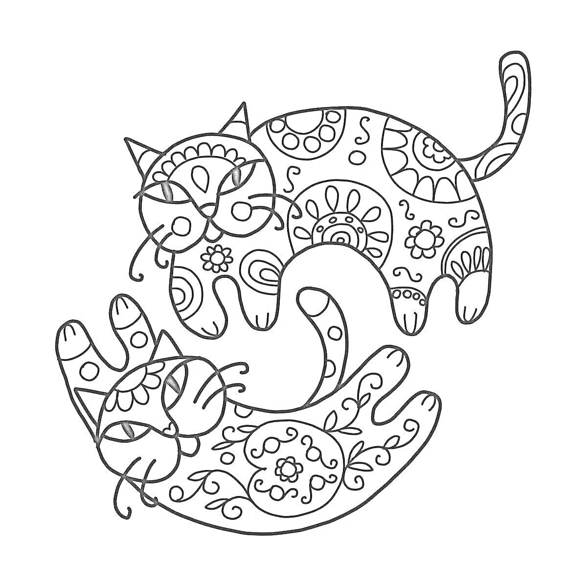 Раскраска Два узорчатых кота с цветами, кругами и завитками