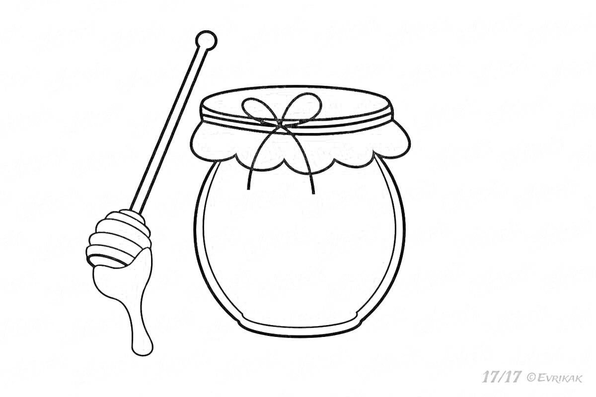 На раскраске изображено: Банка, Мед, Ложка, Пчеловодство, Пчелы