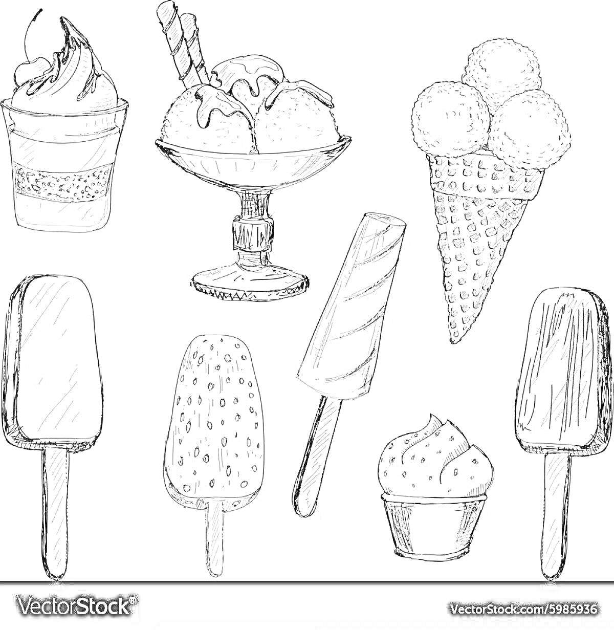 Раскраска Набор эскимо и мороженого (рожок с тремя шариками, мороженое в стаканчике с кремом и трубочками, стакан с мягким мороженым на ножке, эскимо на палочке с шоколадной глазурью, эскимо на палочке с посыпкой, эскимо на палочке в полоску, стакан с кремом)