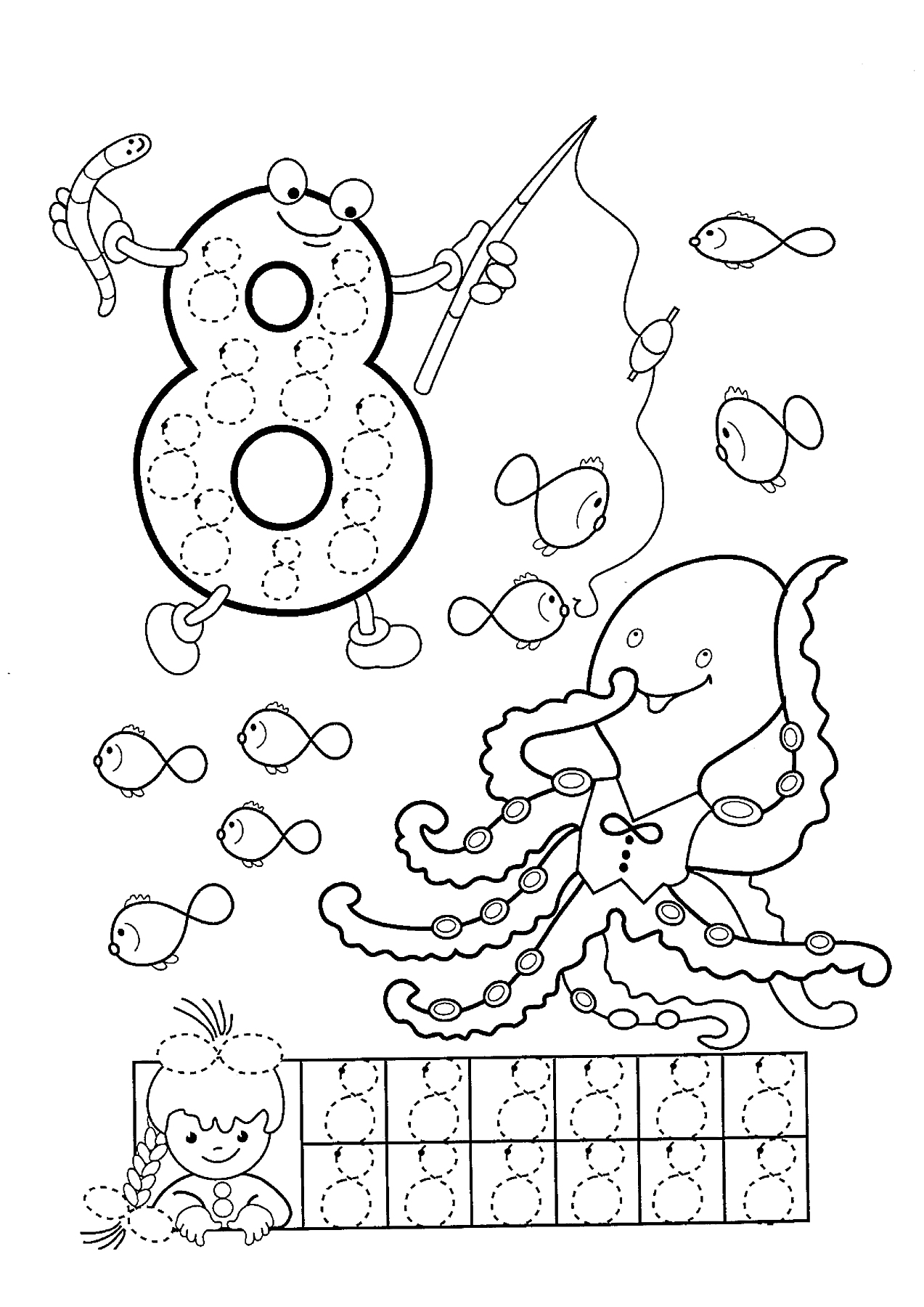 Раскраска Цифра 8 с рыбаком, рыбками, осьминогом и мальчиком